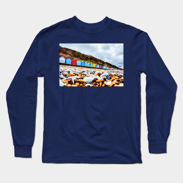 Cromer Beach Huts And Rocky Beach Long Sleeve T-Shirt by tommysphotos